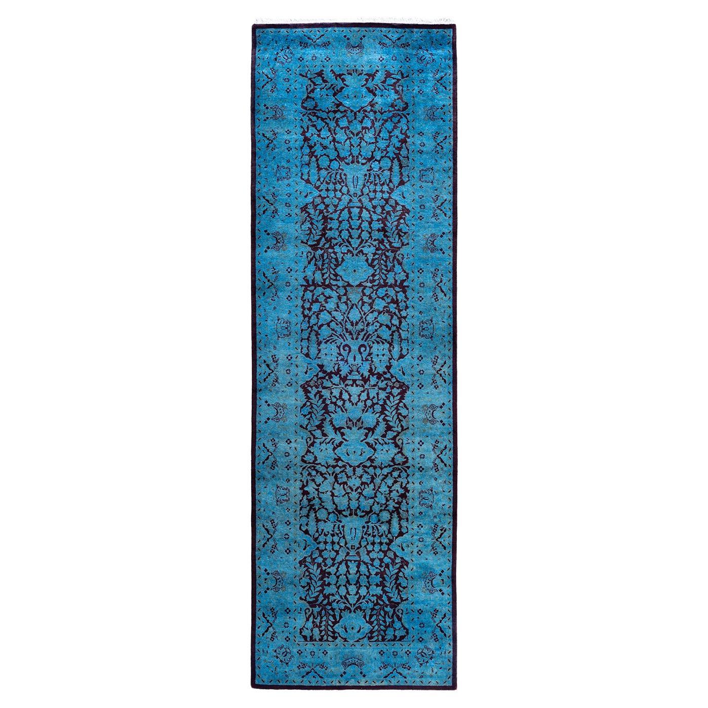 Contemporary Overdyed Hand Knotted Wool Blue Runner 2' 6" x 8' 3"