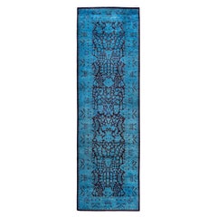 Contemporary Overdyed Hand Knotted Wool Blue Runner 2' 6" x 8' 3"