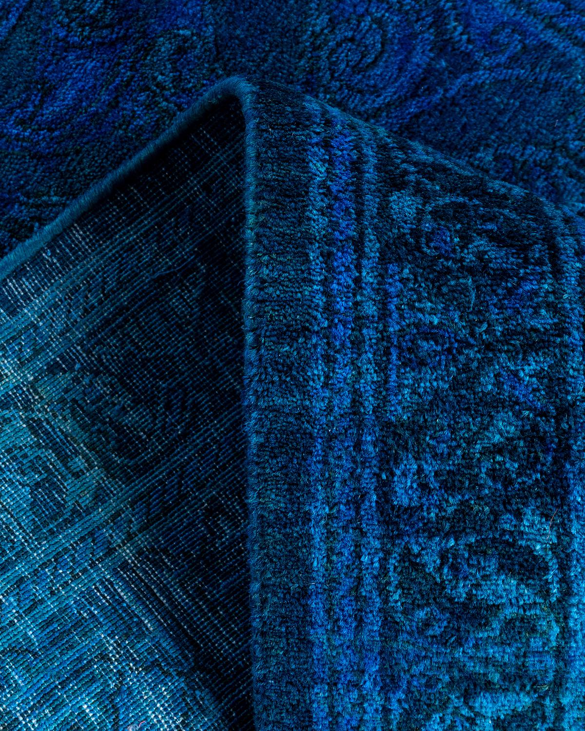Laine Chemin de table contemporain en laine surteinte nouée à la main, bleu 2' 7