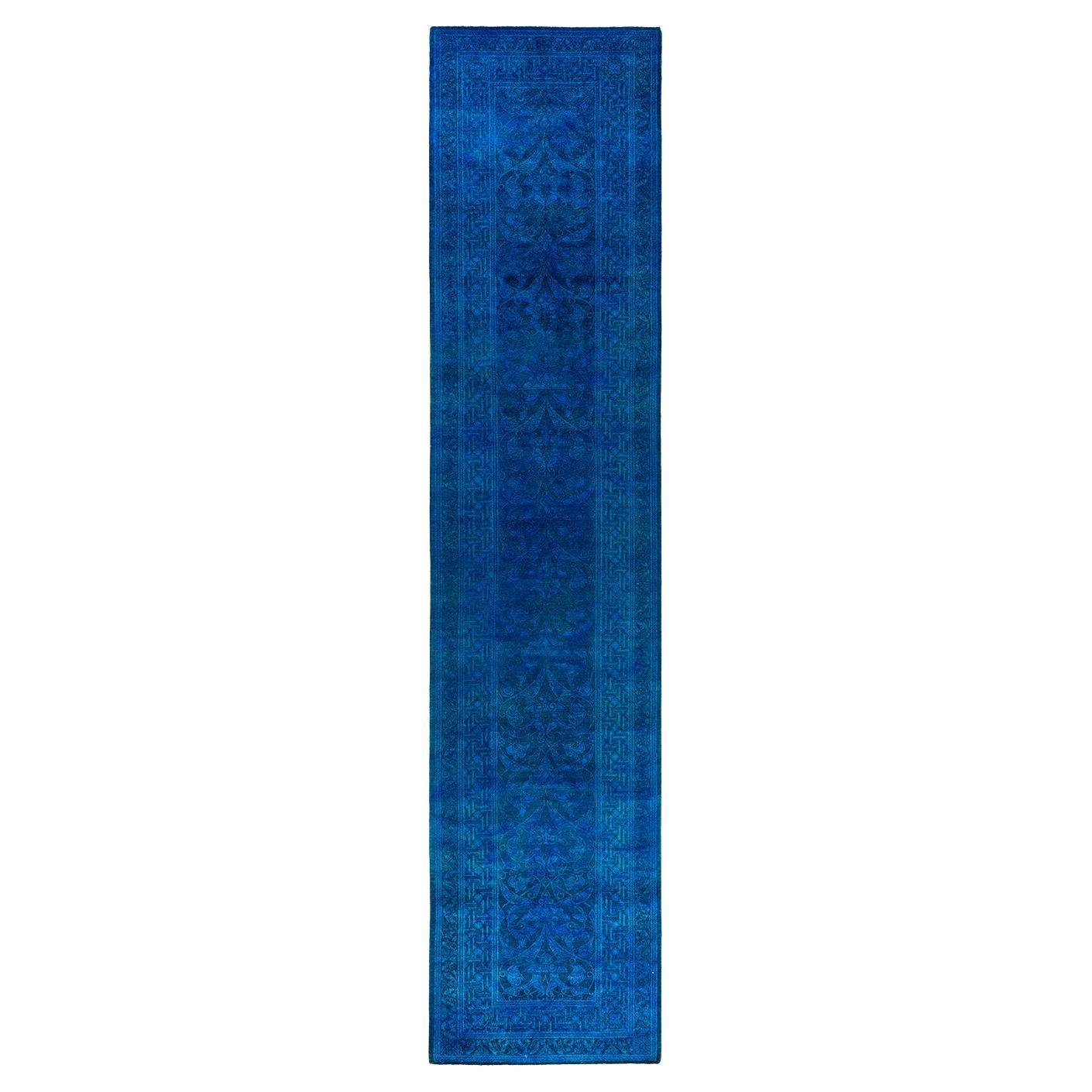 Contemporary Overdyed Hand Knotted Wool Blue Runner 2' 7" x 11' 8"
