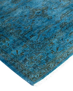 Contemporary Overdyed Hand Knotted Wool Blue Runner 2' 7" x 12' 7"