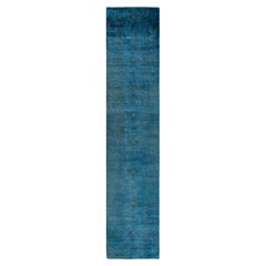 Contemporary Overdyed Hand Knotted Wool Blue Runner 2' 7" x 12' 7"