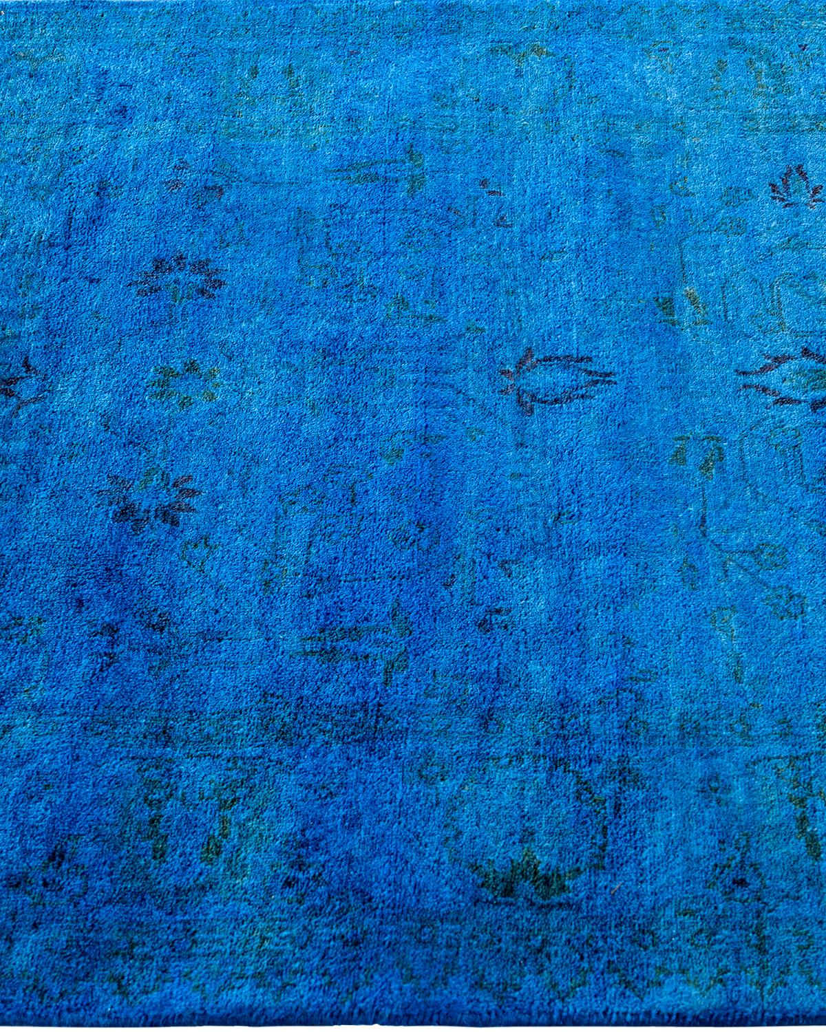 Contemporary Overdyed Hand Knotted Wool Blue Runner 2' 7