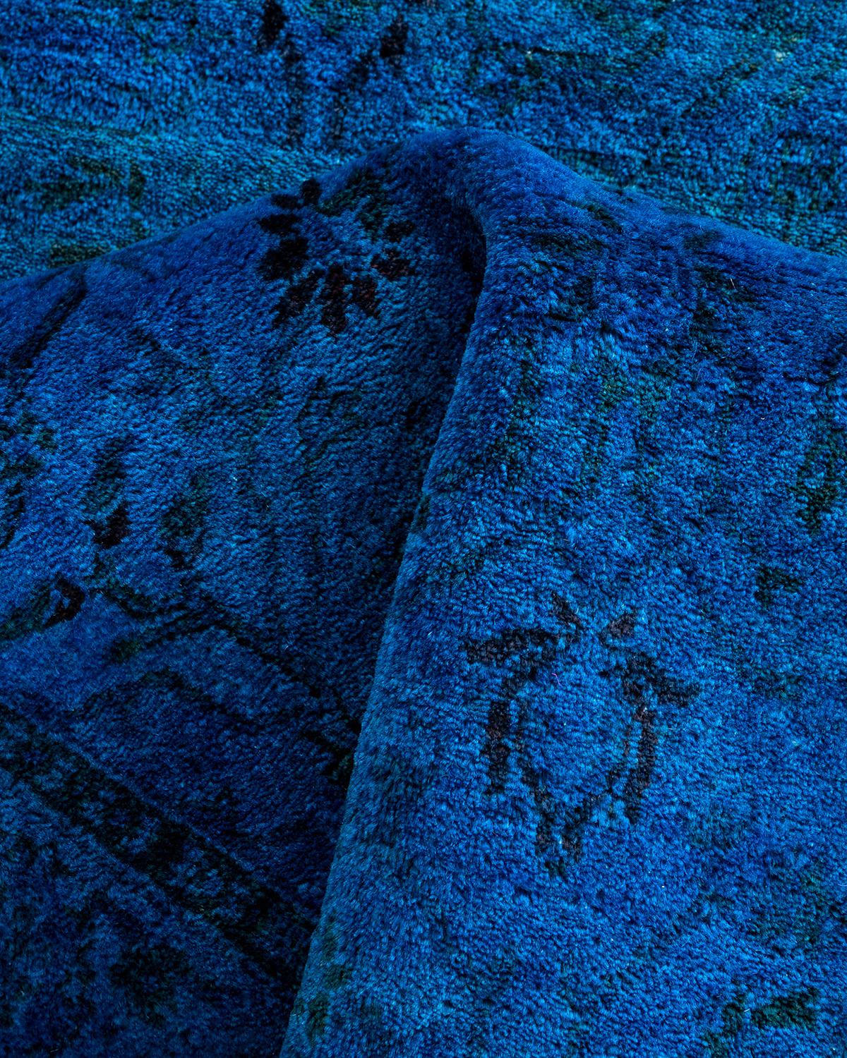 Contemporary Overdyed Hand Knotted Wool Blue Runner 2' 7