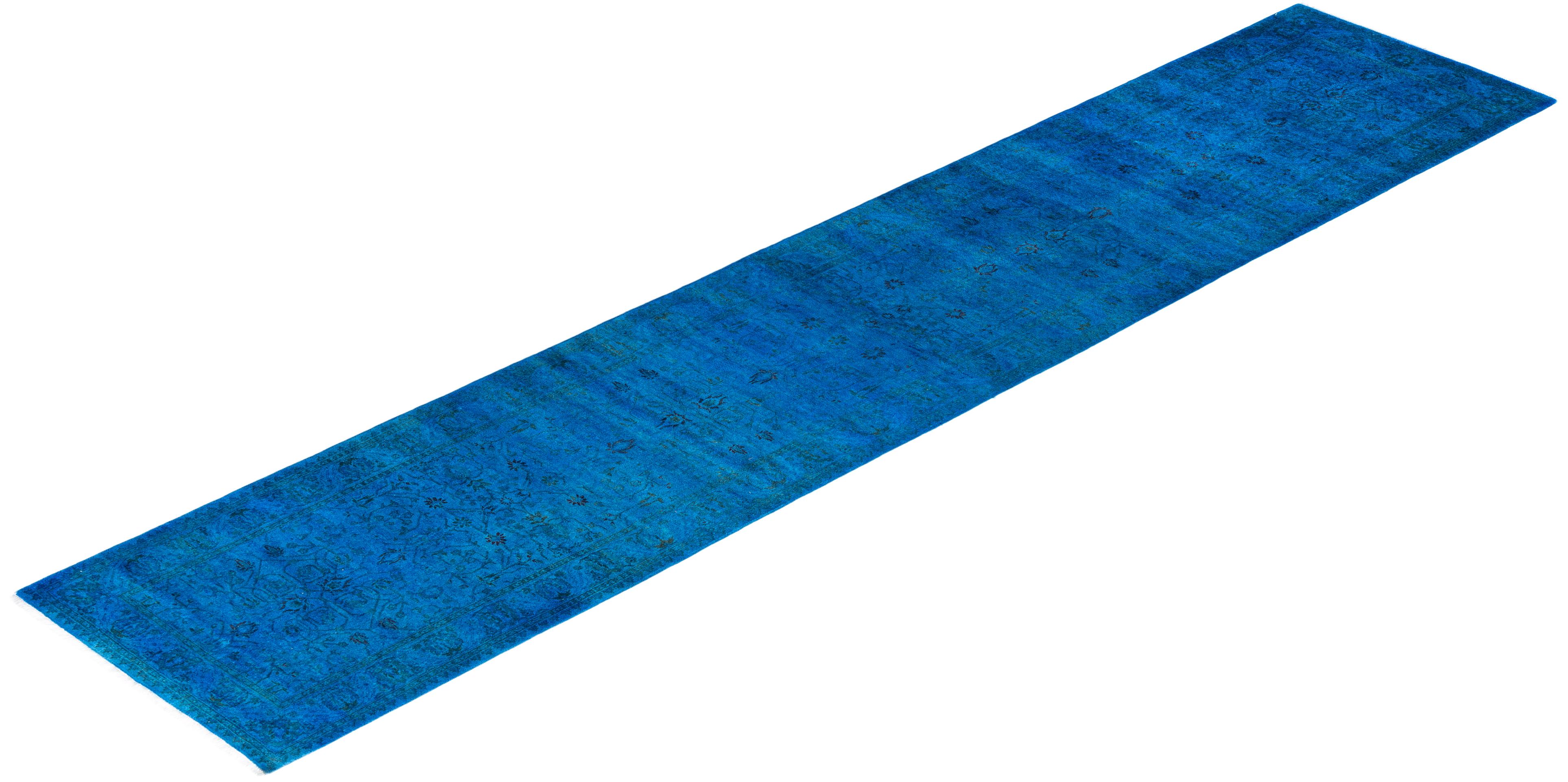Contemporary Overdyed Hand Knotted Wool Blue Runner 2' 7