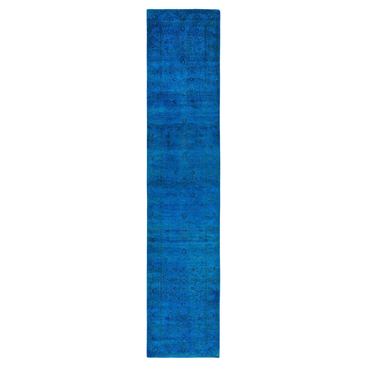 Contemporary Overdyed Hand Knotted Wool Blue Runner 2' 7" x 12' 8"