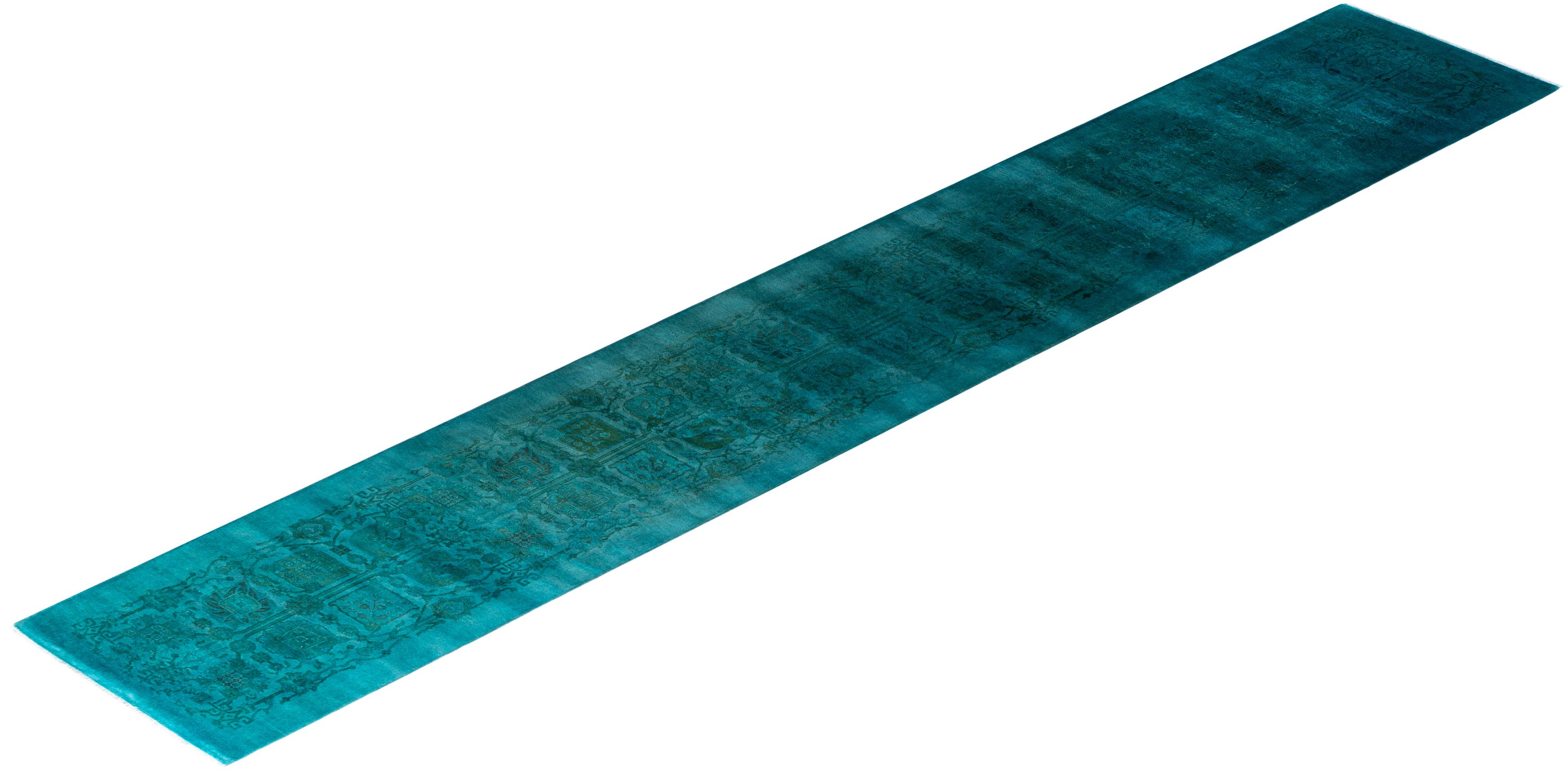 Contemporary Runner in lana blu sovratinto e annodato a mano 2' 7