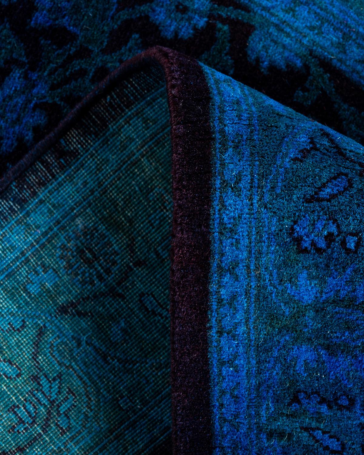 Lana Contemporary Runner in lana blu sovratinto e annodato a mano 2' 7