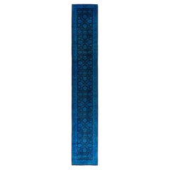 Tapis contemporain en laine surteinte nouée à la main bleu 2' 7" x 17' 6"