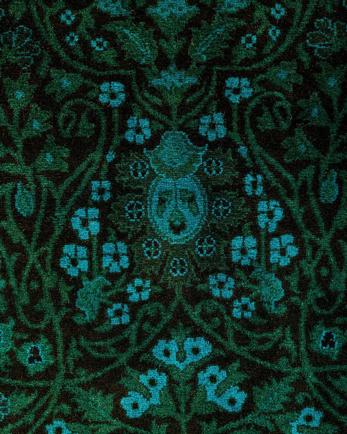Pakistanais Chemin de table contemporain en laine surteinte nouée à la main, bleu 2' 7