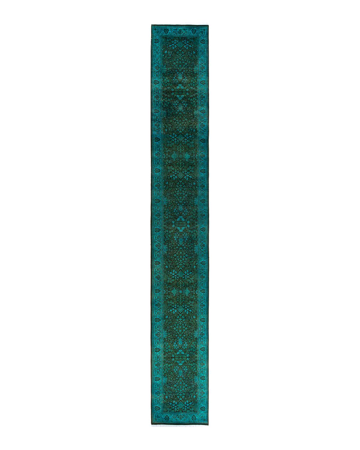 Contemporary Overdyed Hand Knotted Wool Blue Runner 2' 7" x 18' 5"