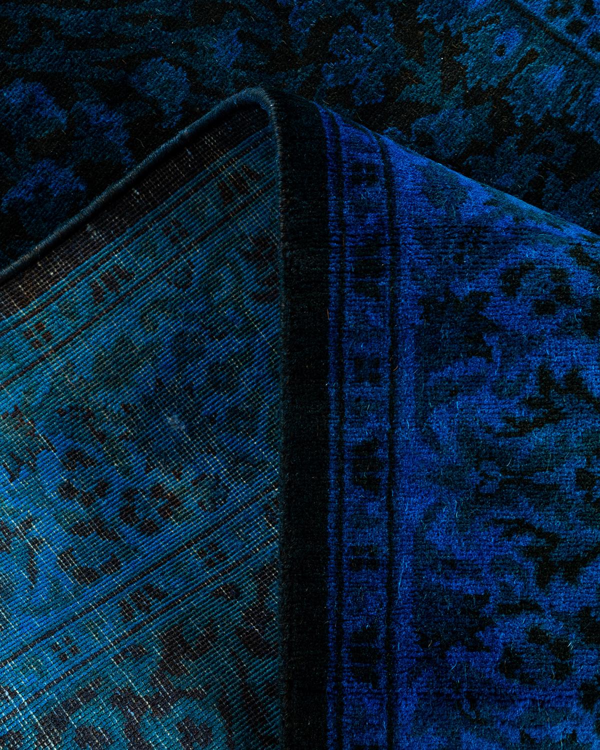 Laine Chemin de table contemporain en laine surteinte nouée à la main, bleu 2' 8