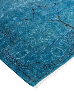 Contemporary Overdyed Hand Knotted Wool Blue Runner 2' 9" x 12' 4"