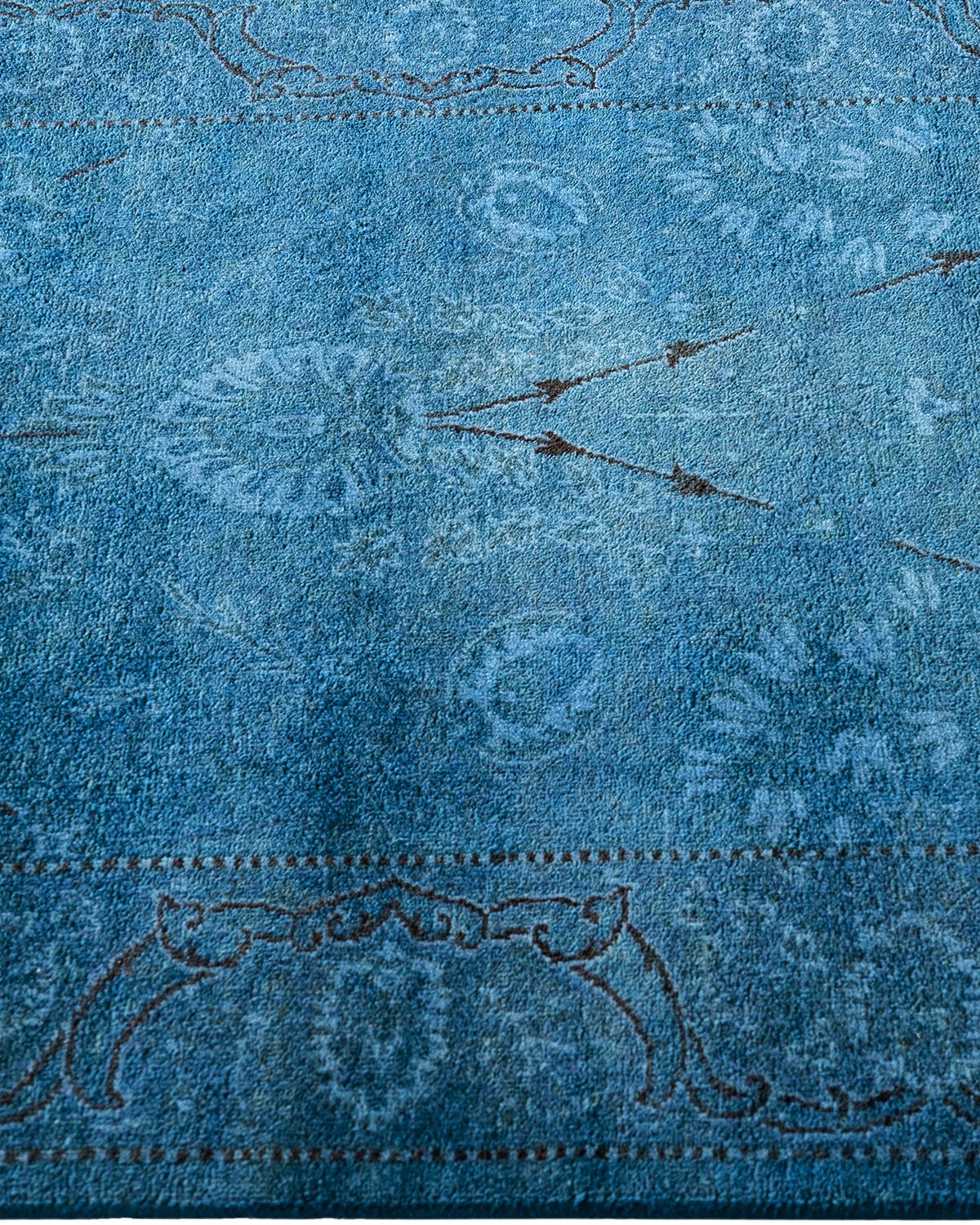 Contemporary Runner in lana blu sovratinto e annodato a mano 2' 9