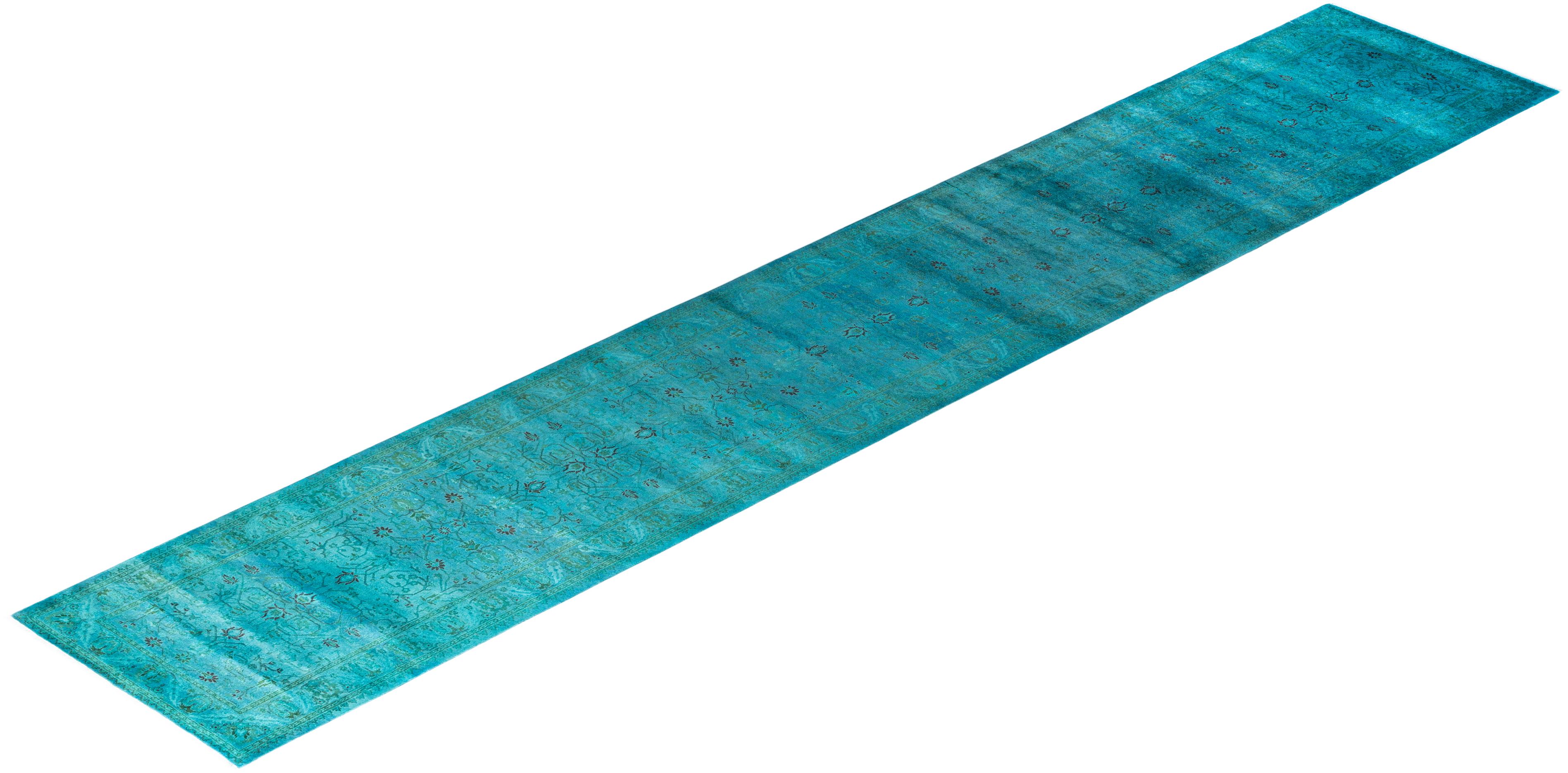 Contemporary Runner blu in lana sovratinto e annodato a mano 2' 9