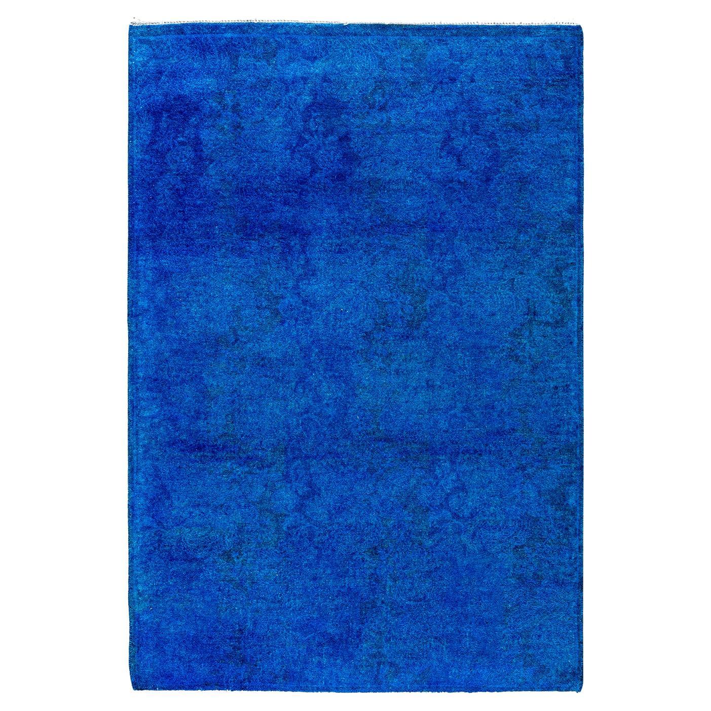 Contemporary Overdyed Hand Knotted Wool Blue Runner 2' 9" x 3' 10"