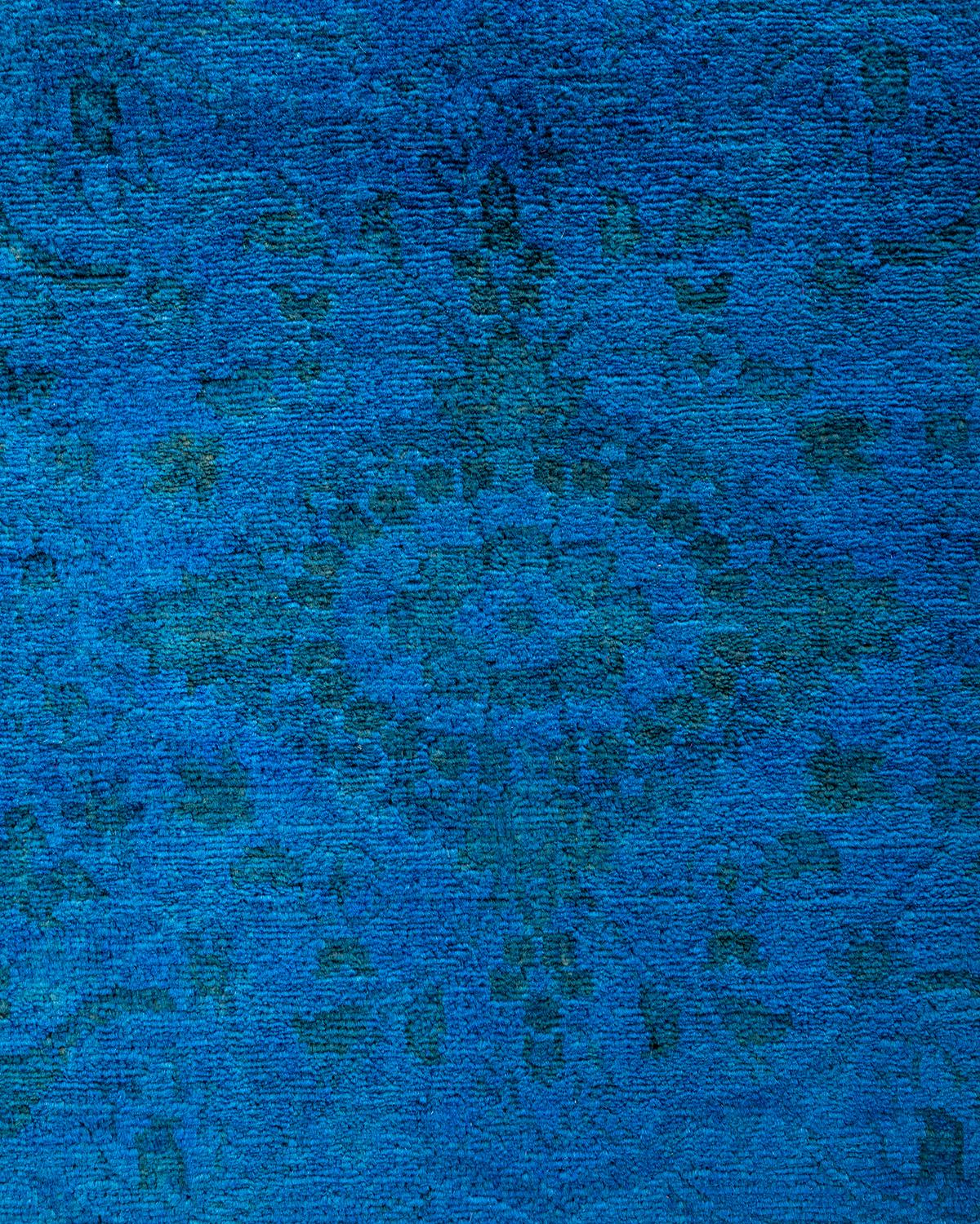 Pakistani Contemporary Overdyed Hand Knotted Wool Blue Runner 3' 2