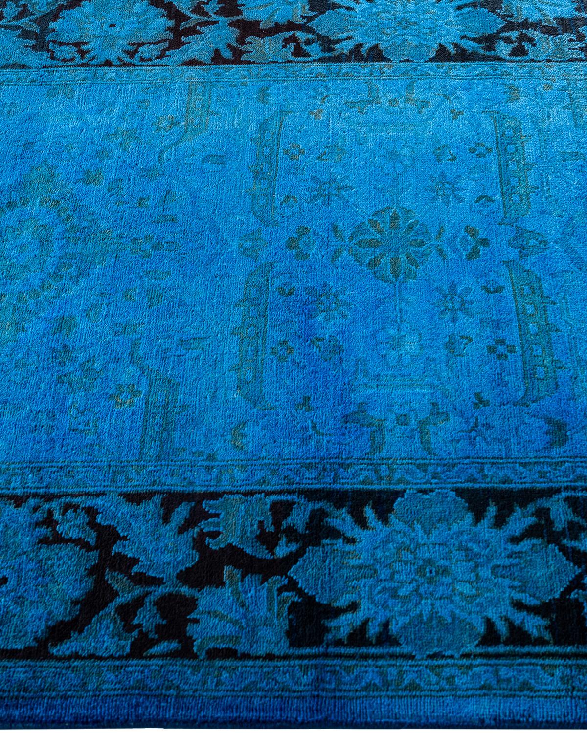 Contemporary Overdyed Hand Knotted Wool Blue Runner 3' 2