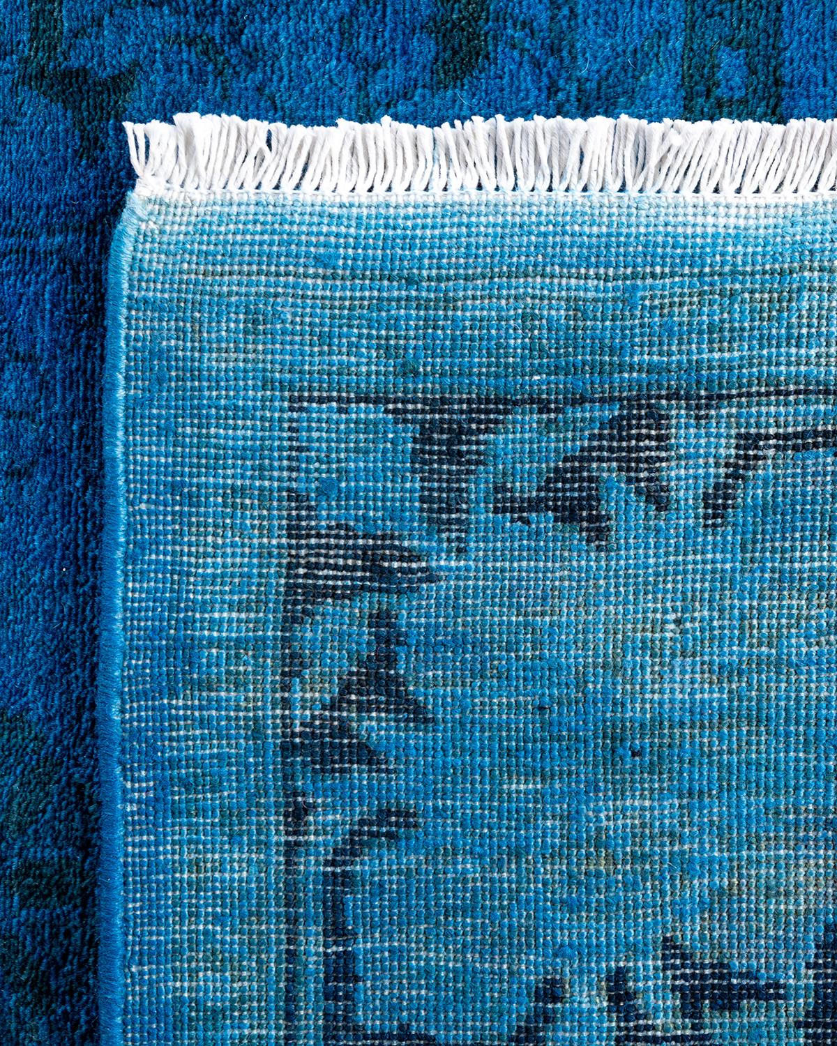 Contemporary Overdyed Hand Knotted Wool Blue Runner 3' 2