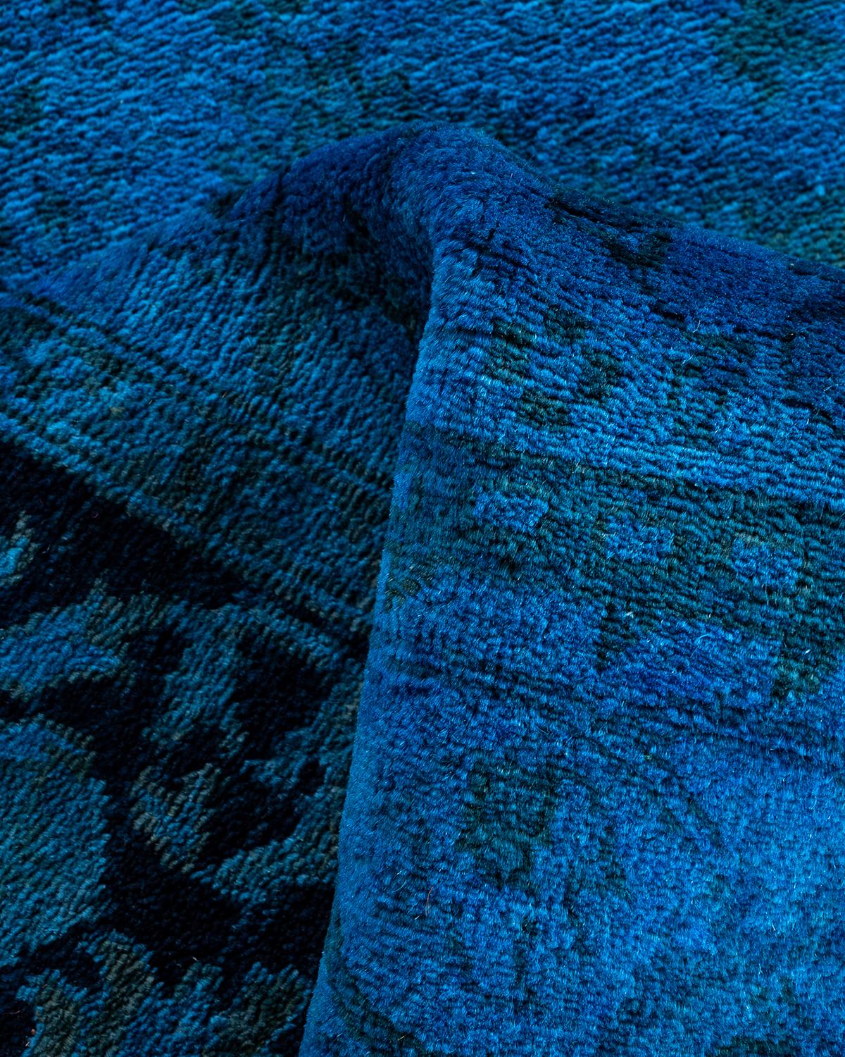 Contemporary Overdyed Hand Knotted Wool Blue Runner 3' 2