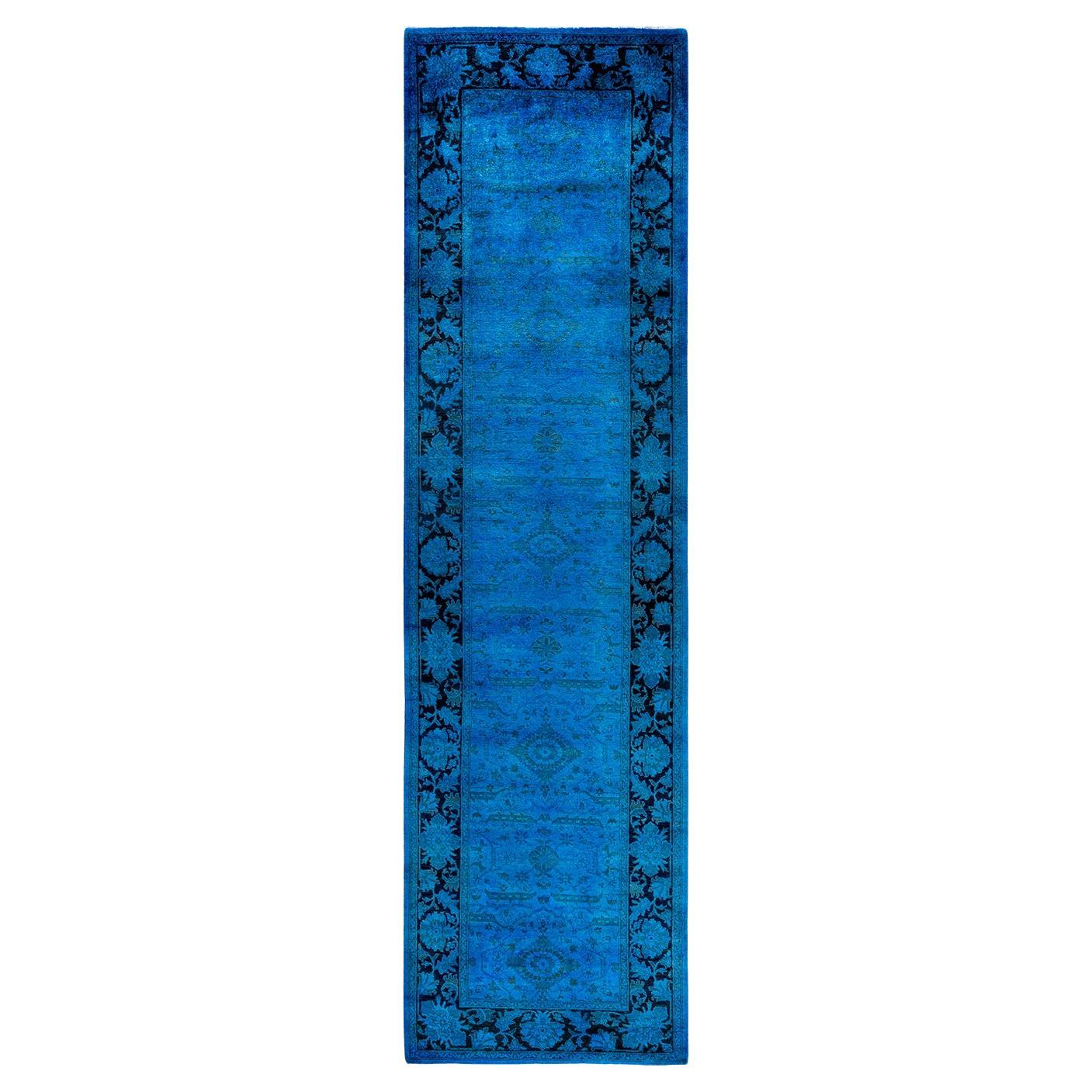 Contemporary Overdyed Hand Knotted Wool Blue Runner 3' 2" x 11' 10" For Sale