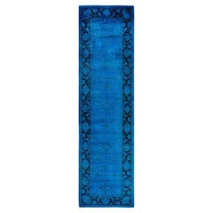 Contemporary Overdyed Hand Knotted Wool Blue Runner 3' 2" x 11' 10"