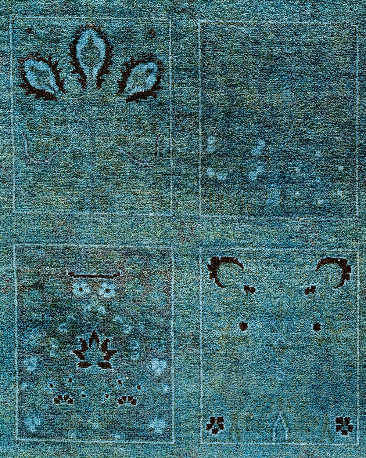 Pakistani Contemporary Overdyed Hand Knotted Wool Blue Runner 6' 2