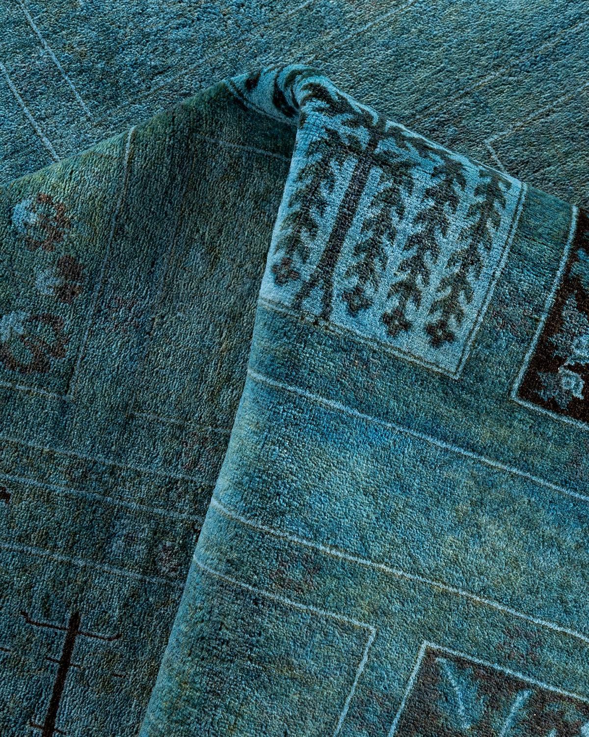 Contemporary Overdyed Hand Knotted Wool Blue Runner 6' 2