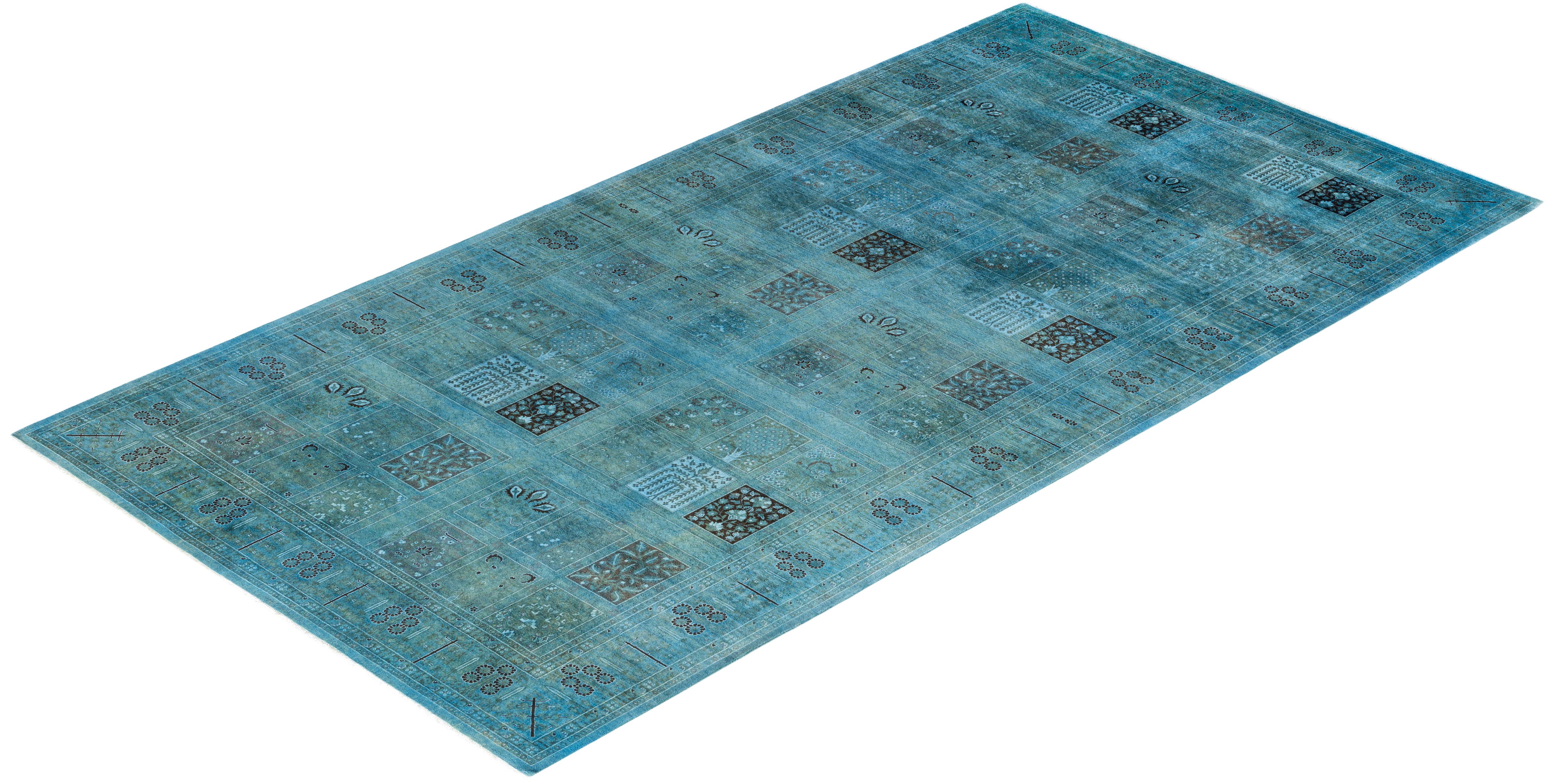 Contemporary Overdyed Hand Knotted Wool Blue Runner 6' 2
