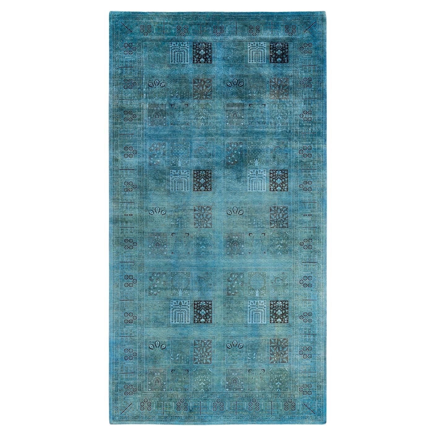 Contemporary Overdyed Hand Knotted Wool Blue Runner 6' 2" x 11' 8"