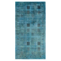 Contemporary Overdyed Hand Knotted Wool Blue Runner 6' 2" x 11' 8"