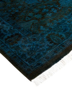 Contemporary Overdyed Hand Knotted Wool Blue Runner