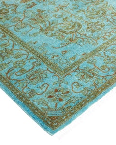 Runner contemporaneo in lana blu sovratinto e annodato a mano