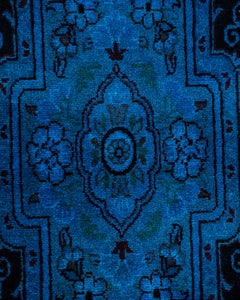 Contemporary Overdyed Hand Knotted Wool Blue Runner