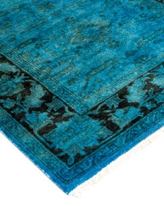 Contemporary Overdyed Hand Knotted Wool Blue Runner