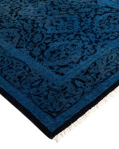 Contemporary Overdyed Hand Knotted Wool Blue Runner