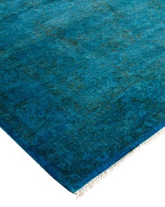 Contemporary Overdyed Hand Knotted Wool Blue Runner