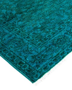 Contemporary Overdyed Hand Knotted Wool Blue Runner