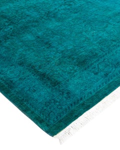 Contemporary Overdyed Hand Knotted Wool Blue Runner