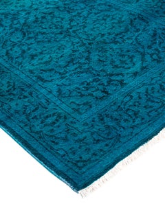 Contemporary Overdyed Hand Knotted Wool Blue Runner