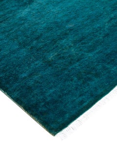 Contemporary Overdyed Hand Knotted Wool Blue Runner