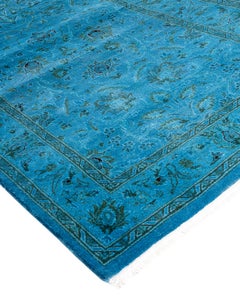 Contemporary Overdyed Hand Knotted Wool Blue Runner