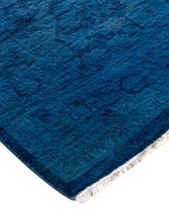 Contemporary Overdyed Hand Knotted Wool Blue Runner