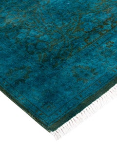 Contemporary Overdyed Hand Knotted Wool Blue Runner