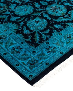 Contemporary Overdyed Hand Knotted Wool Blue Runner