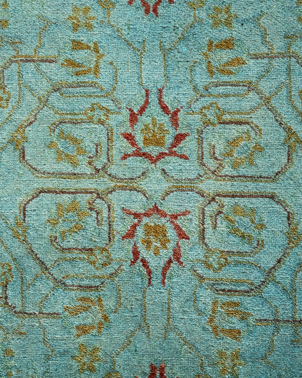 Pakistanais Chemin de table contemporain en laine surteinte nouée à la main, bleu en vente