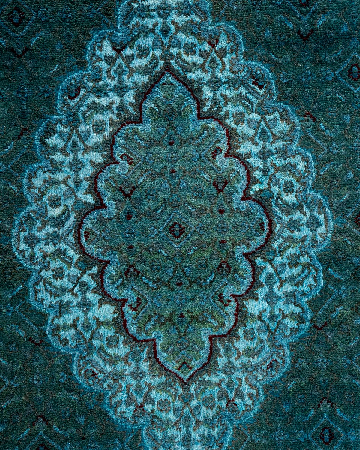 Pakistanais Chemin de table contemporain en laine surteinte nouée à la main, bleu en vente