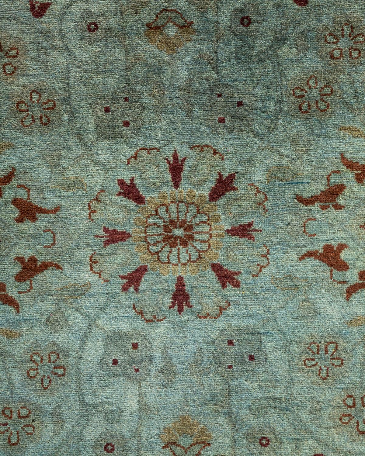 Pakistani Contemporary Overdyed Hand Knotted Wool Blue Runner For Sale