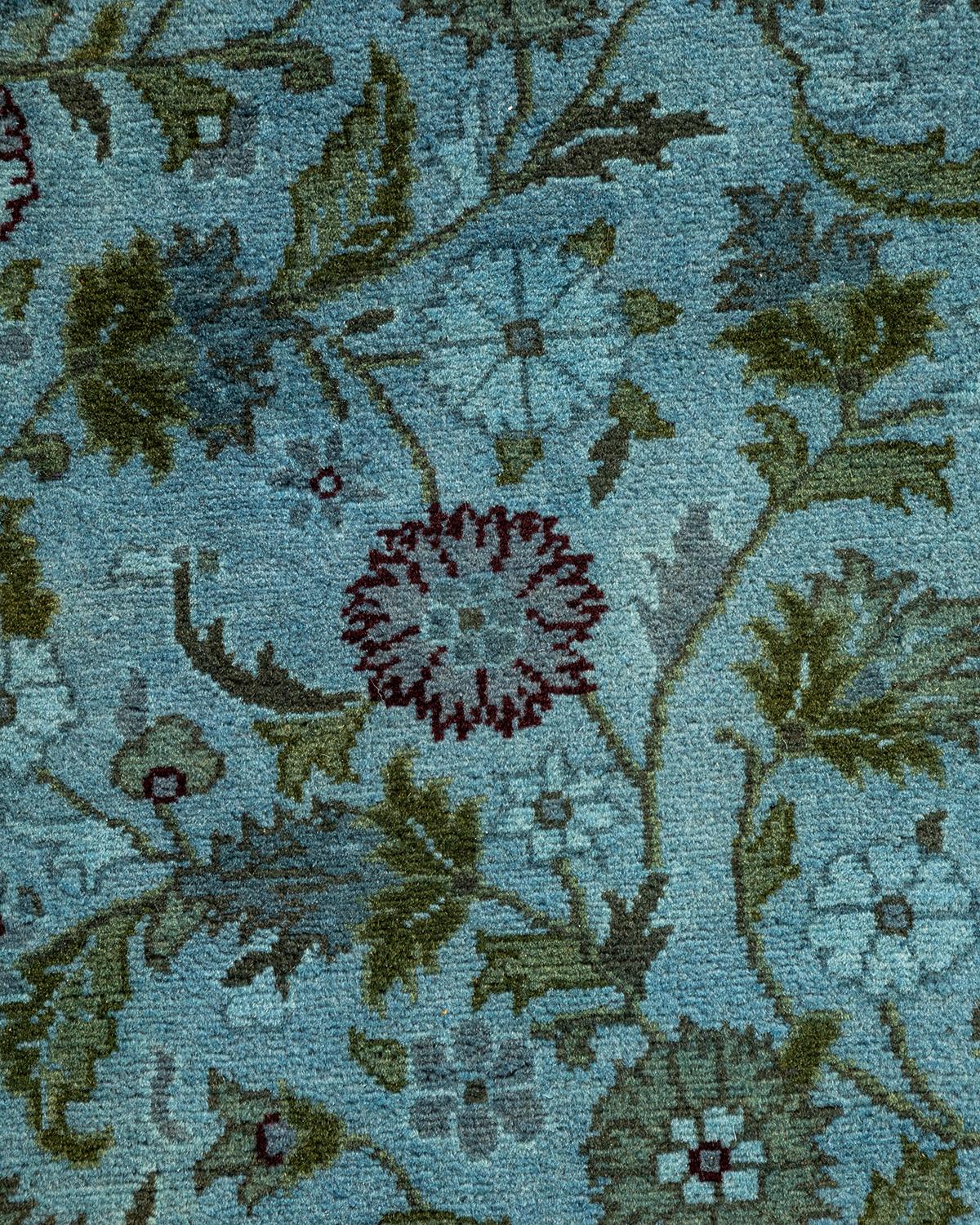Pakistani Contemporary Overdyed Hand Knotted Wool Blue Runner For Sale