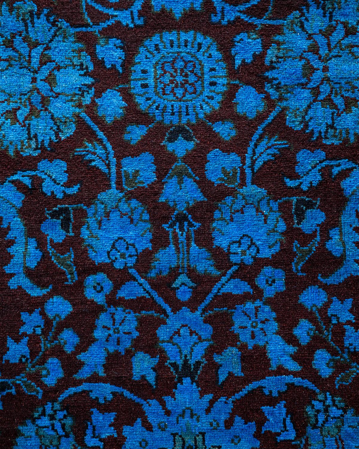 Pakistani Contemporary Overdyed Hand Knotted Wool Blue Runner For Sale